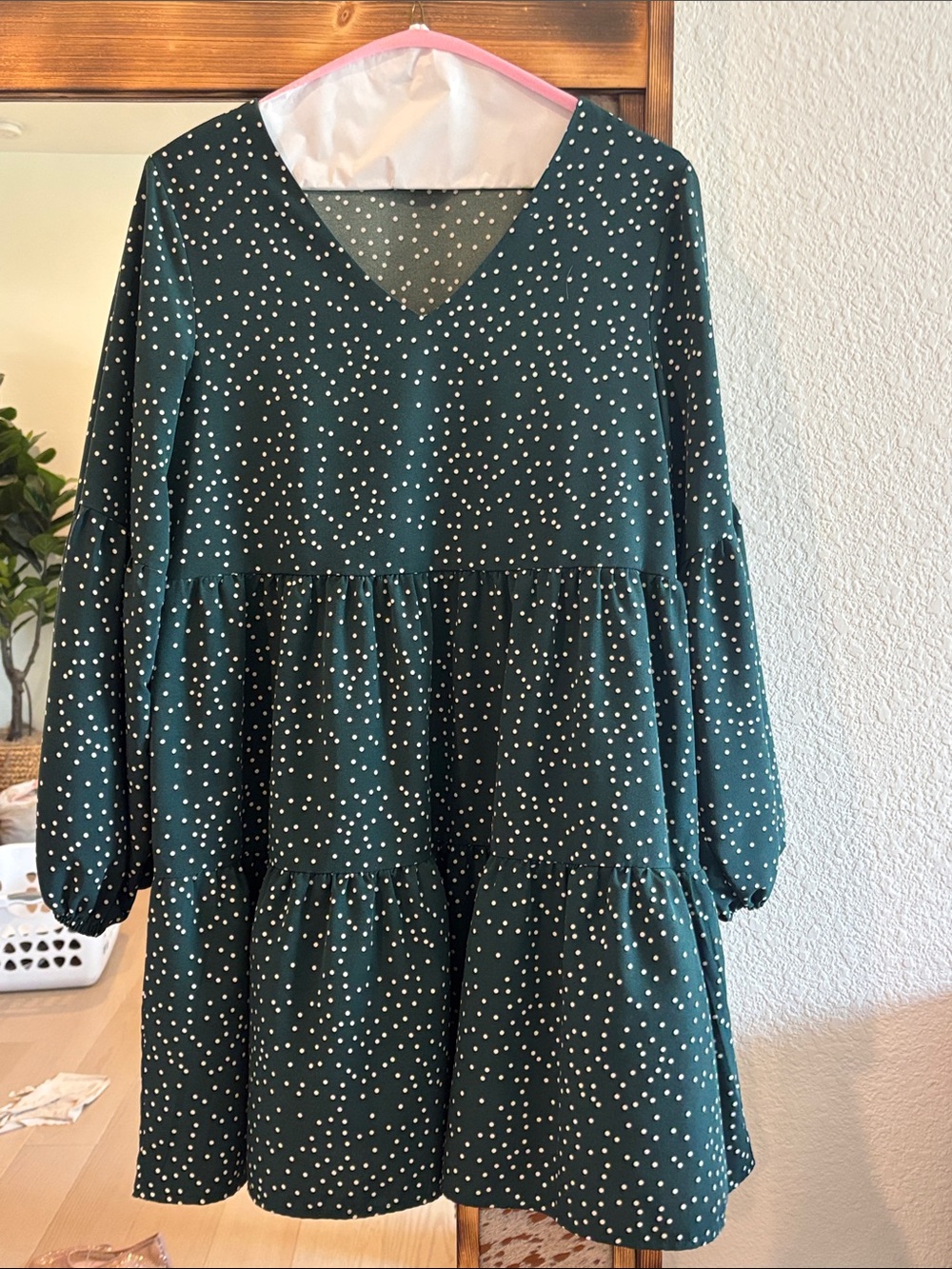 Green V-Neck Tiered Polka Dot Dress